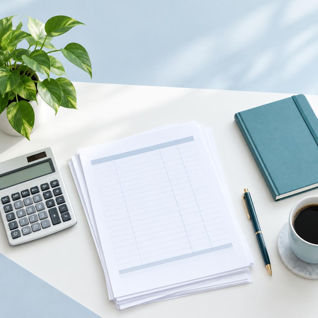 Bookkeeping desk with calculator and financial paperwork